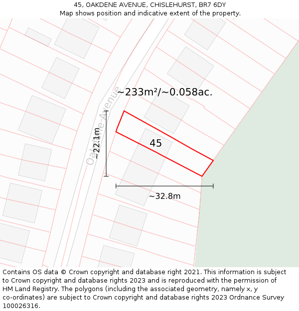 45, OAKDENE AVENUE, CHISLEHURST, BR7 6DY: Plot and title map