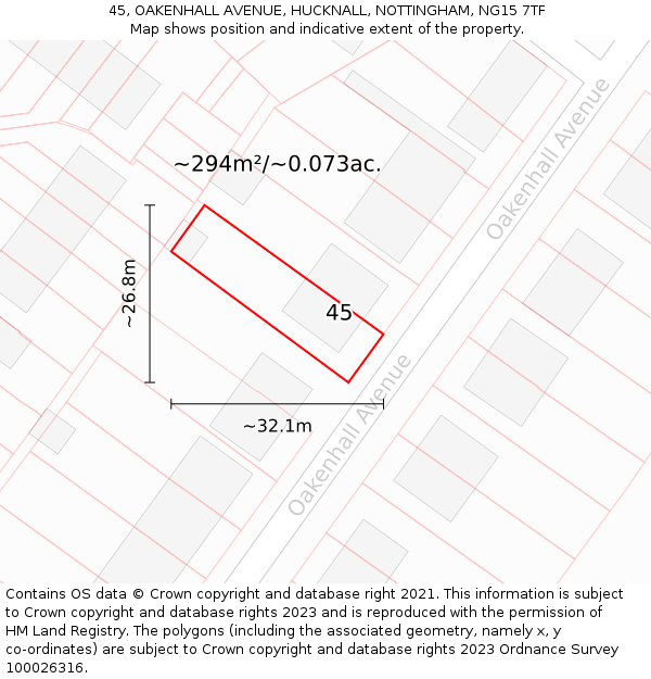 45, OAKENHALL AVENUE, HUCKNALL, NOTTINGHAM, NG15 7TF: Plot and title map
