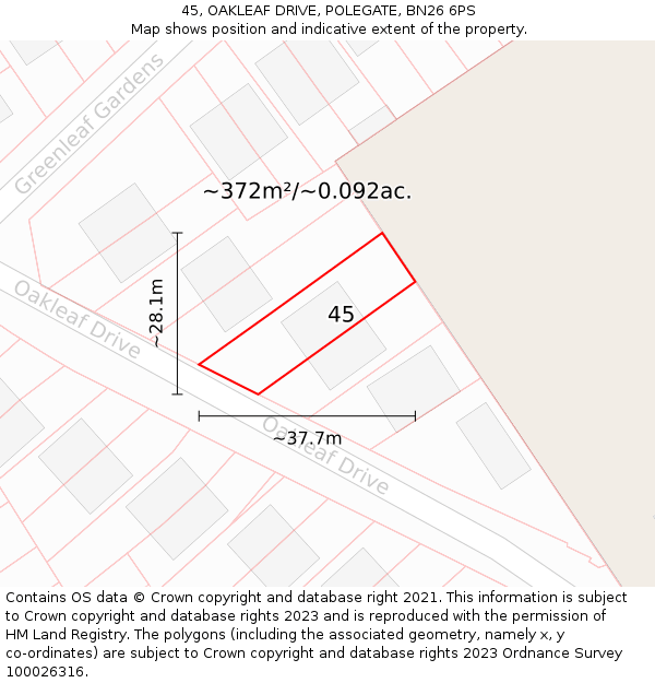 45, OAKLEAF DRIVE, POLEGATE, BN26 6PS: Plot and title map