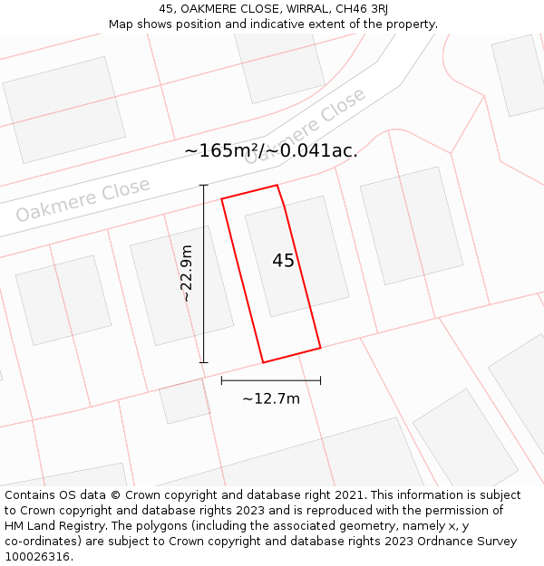 45, OAKMERE CLOSE, WIRRAL, CH46 3RJ: Plot and title map