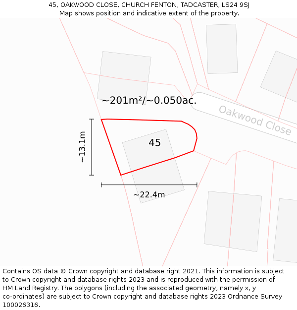 45, OAKWOOD CLOSE, CHURCH FENTON, TADCASTER, LS24 9SJ: Plot and title map