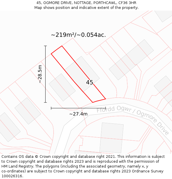 45, OGMORE DRIVE, NOTTAGE, PORTHCAWL, CF36 3HR: Plot and title map