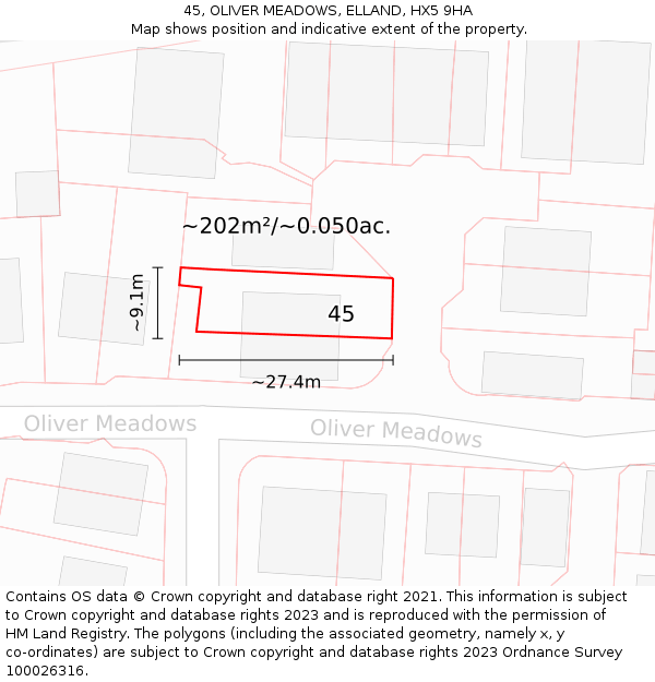 45, OLIVER MEADOWS, ELLAND, HX5 9HA: Plot and title map