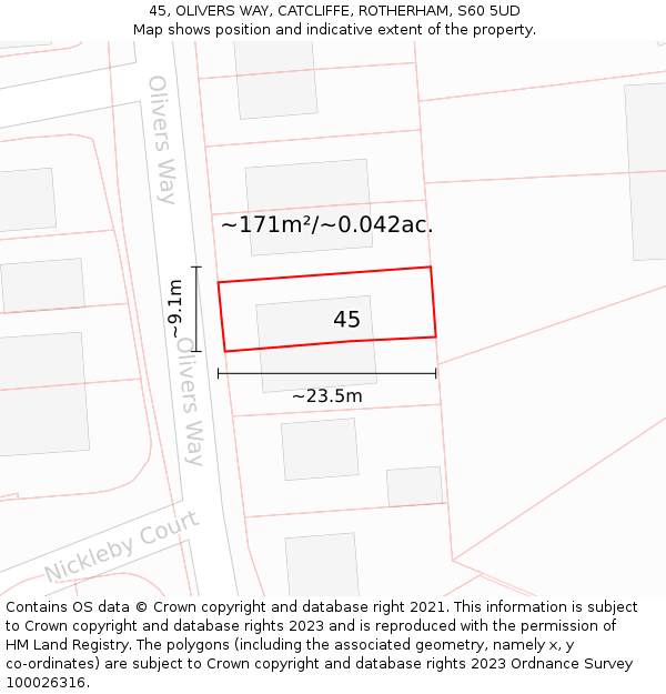 45, OLIVERS WAY, CATCLIFFE, ROTHERHAM, S60 5UD: Plot and title map