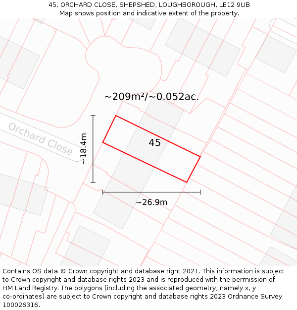 45, ORCHARD CLOSE, SHEPSHED, LOUGHBOROUGH, LE12 9UB: Plot and title map