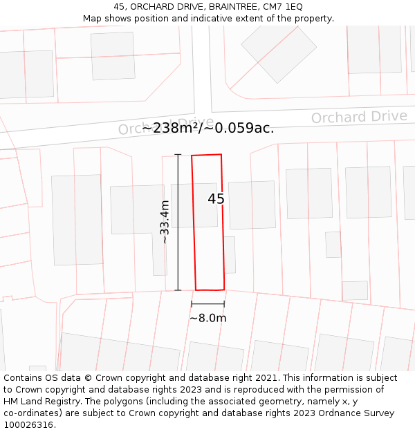 45, ORCHARD DRIVE, BRAINTREE, CM7 1EQ: Plot and title map