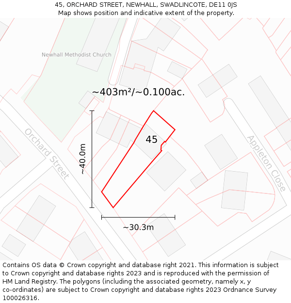 45, ORCHARD STREET, NEWHALL, SWADLINCOTE, DE11 0JS: Plot and title map