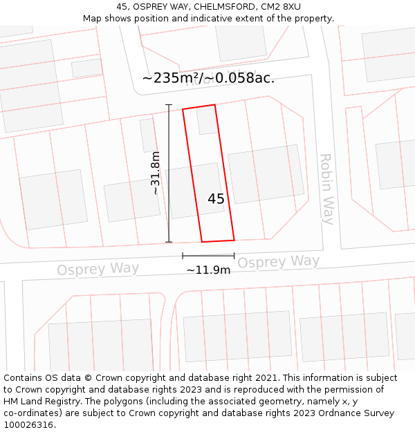 45, OSPREY WAY, CHELMSFORD, CM2 8XU: Plot and title map