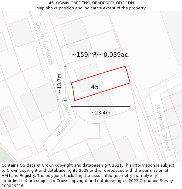 45, OSWIN GARDENS, BRADFORD, BD2 1DN: Plot and title map