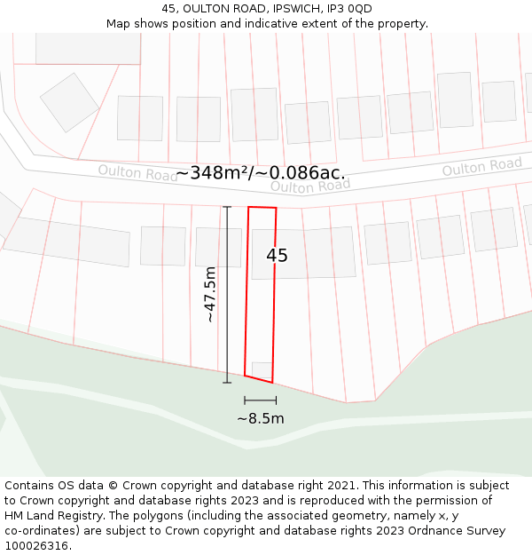 45, OULTON ROAD, IPSWICH, IP3 0QD: Plot and title map
