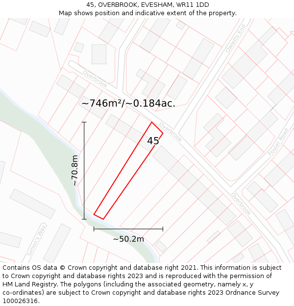 45, OVERBROOK, EVESHAM, WR11 1DD: Plot and title map