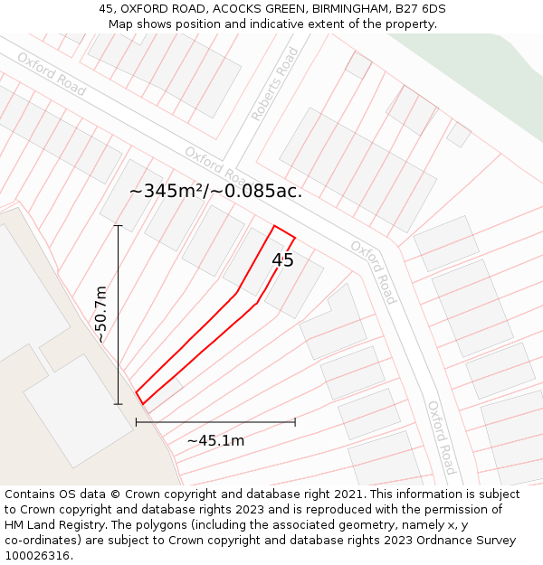 45, OXFORD ROAD, ACOCKS GREEN, BIRMINGHAM, B27 6DS: Plot and title map