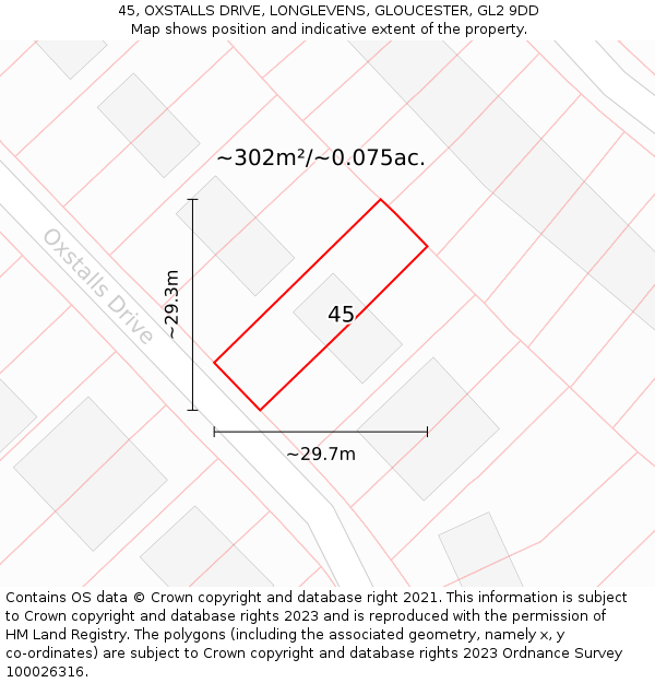 45, OXSTALLS DRIVE, LONGLEVENS, GLOUCESTER, GL2 9DD: Plot and title map