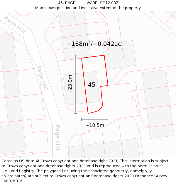 45, PAGE HILL, WARE, SG12 0RZ: Plot and title map