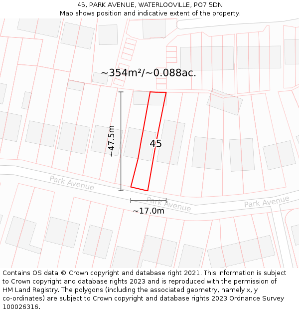 45, PARK AVENUE, WATERLOOVILLE, PO7 5DN: Plot and title map