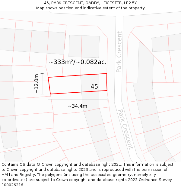 45, PARK CRESCENT, OADBY, LEICESTER, LE2 5YJ: Plot and title map