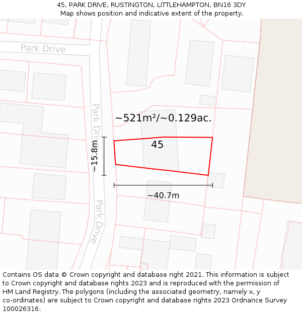 45, PARK DRIVE, RUSTINGTON, LITTLEHAMPTON, BN16 3DY: Plot and title map