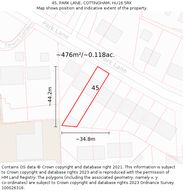 45, PARK LANE, COTTINGHAM, HU16 5RX: Plot and title map