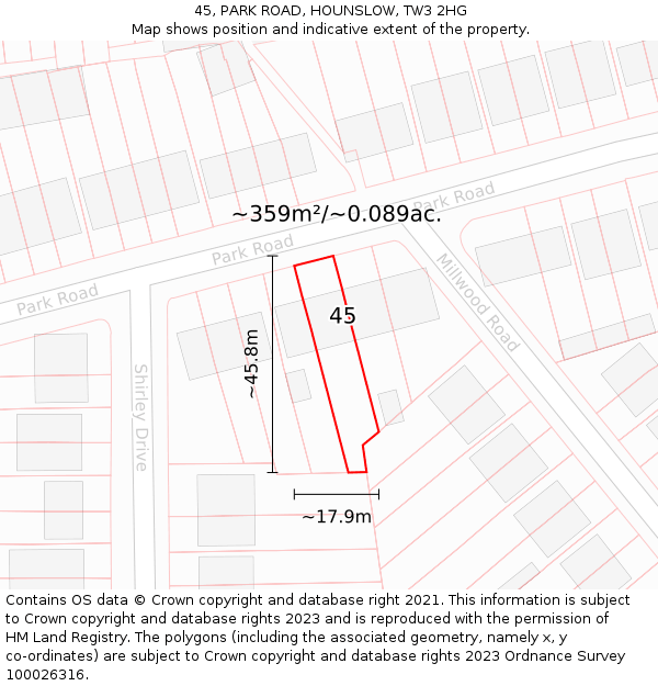 45, PARK ROAD, HOUNSLOW, TW3 2HG: Plot and title map