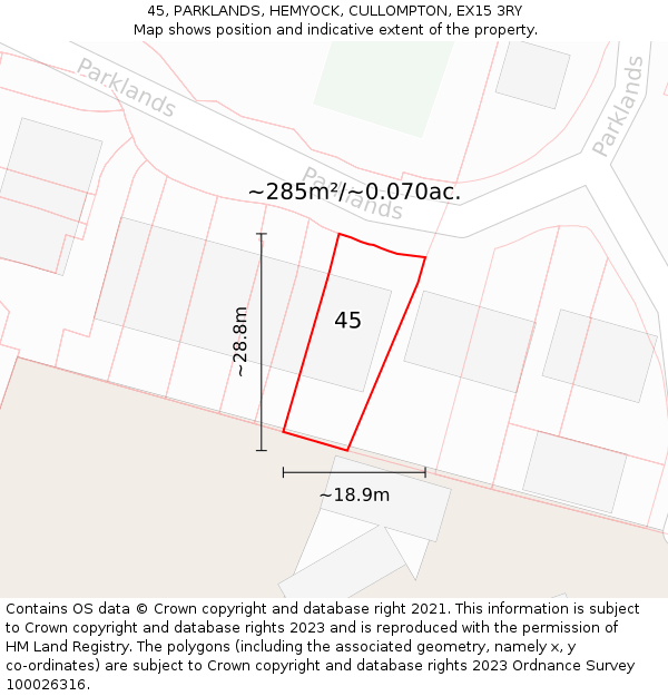 45, PARKLANDS, HEMYOCK, CULLOMPTON, EX15 3RY: Plot and title map