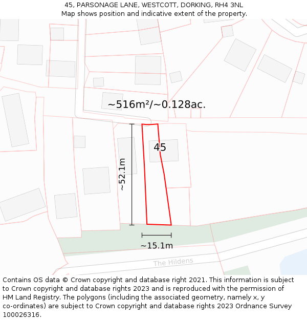 45, PARSONAGE LANE, WESTCOTT, DORKING, RH4 3NL: Plot and title map