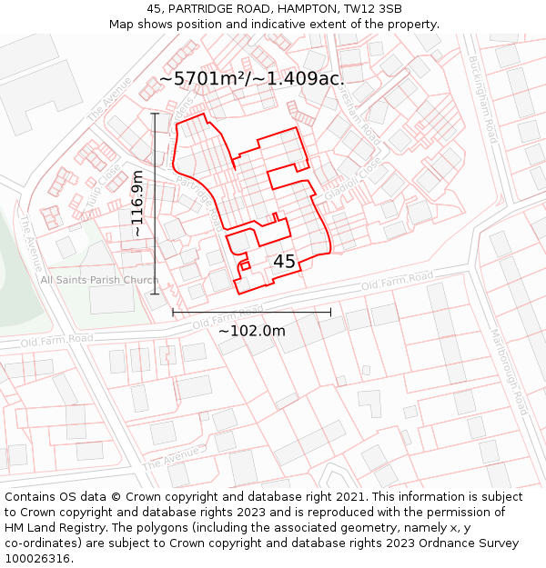 45, PARTRIDGE ROAD, HAMPTON, TW12 3SB: Plot and title map