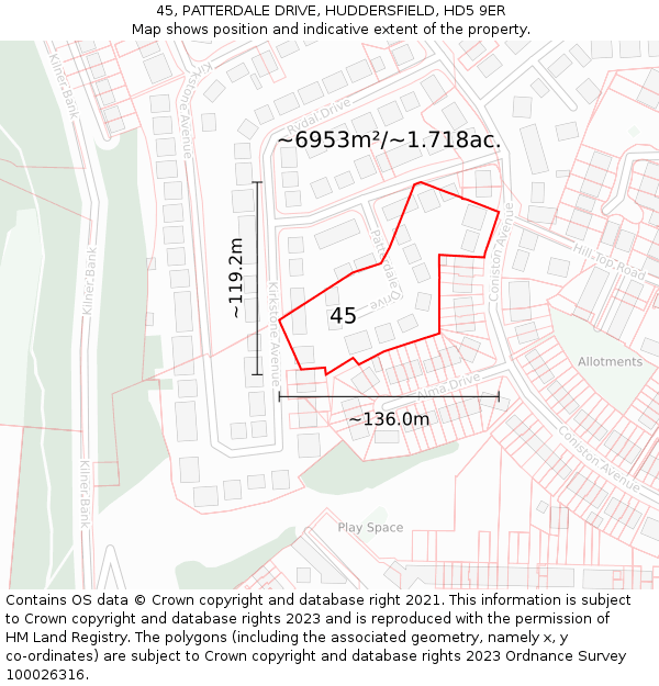 45, PATTERDALE DRIVE, HUDDERSFIELD, HD5 9ER: Plot and title map