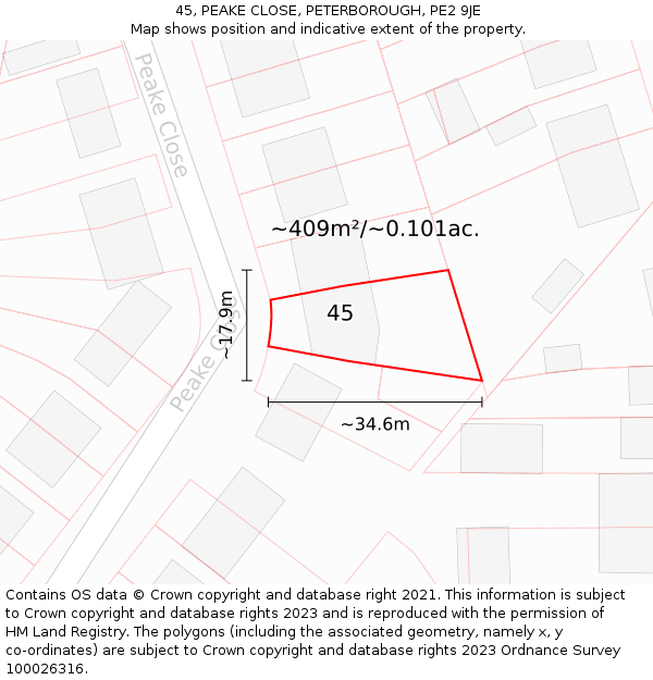 45, PEAKE CLOSE, PETERBOROUGH, PE2 9JE: Plot and title map