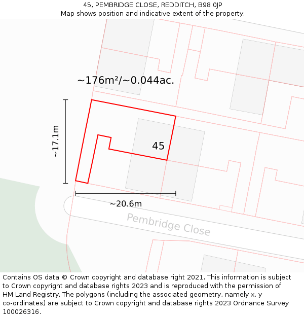 45, PEMBRIDGE CLOSE, REDDITCH, B98 0JP: Plot and title map