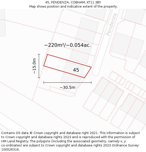 45, PENDENZA, COBHAM, KT11 3BY: Plot and title map
