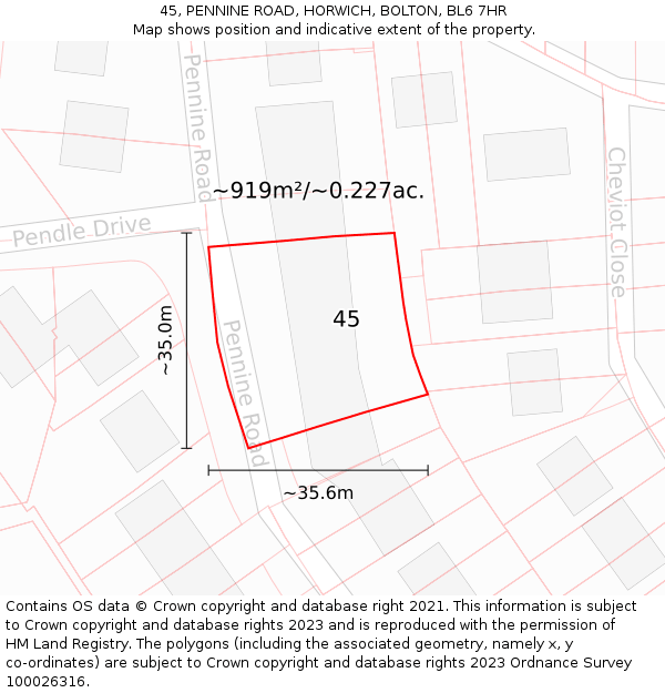 45, PENNINE ROAD, HORWICH, BOLTON, BL6 7HR: Plot and title map