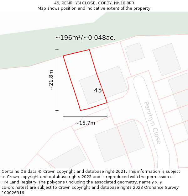 45, PENRHYN CLOSE, CORBY, NN18 8PR: Plot and title map