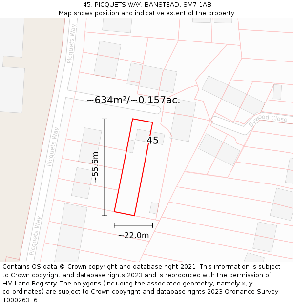 45, PICQUETS WAY, BANSTEAD, SM7 1AB: Plot and title map