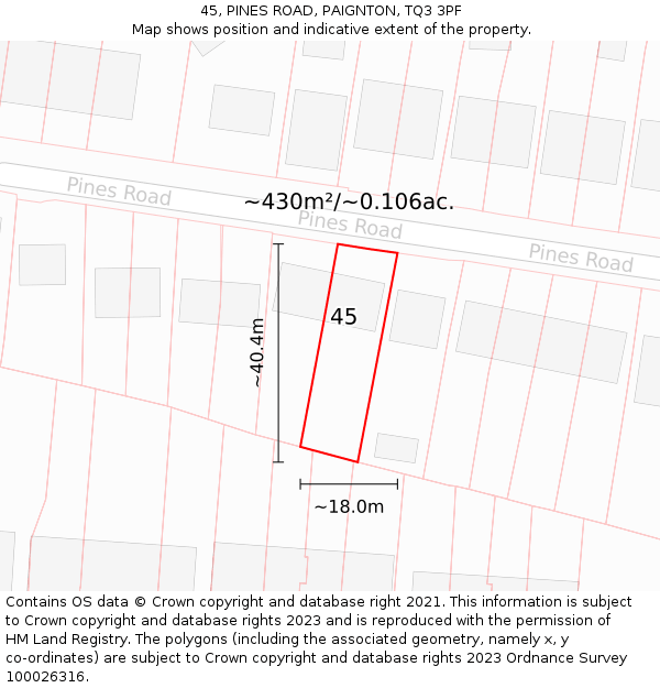 45, PINES ROAD, PAIGNTON, TQ3 3PF: Plot and title map