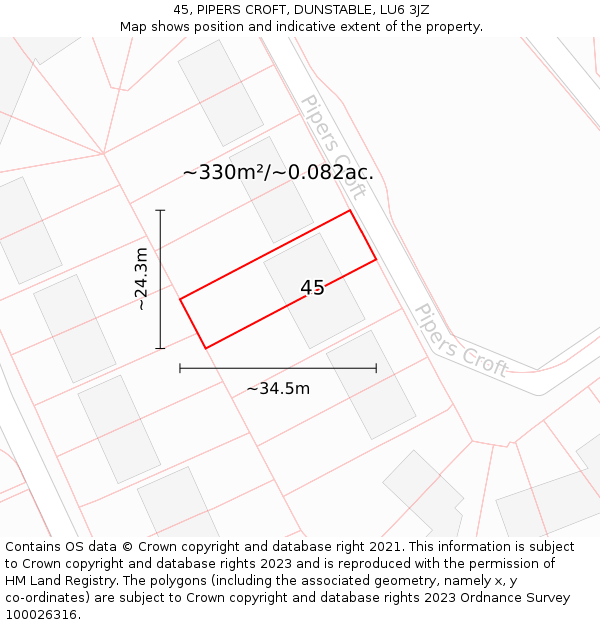45, PIPERS CROFT, DUNSTABLE, LU6 3JZ: Plot and title map