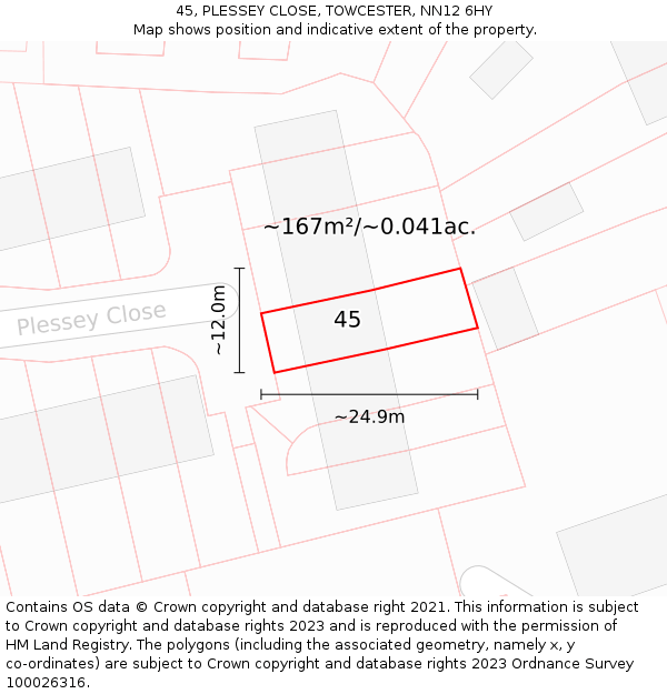 45, PLESSEY CLOSE, TOWCESTER, NN12 6HY: Plot and title map
