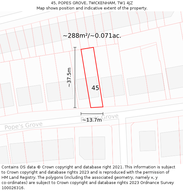 45, POPES GROVE, TWICKENHAM, TW1 4JZ: Plot and title map