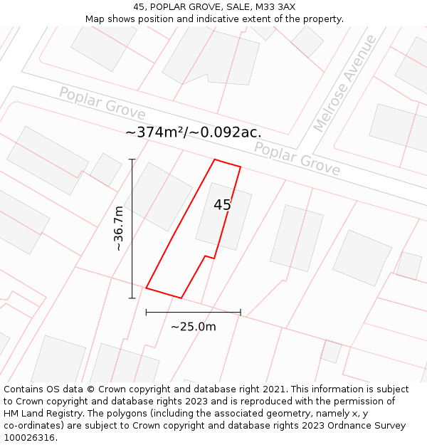 45, POPLAR GROVE, SALE, M33 3AX: Plot and title map