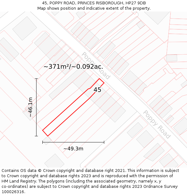 45, POPPY ROAD, PRINCES RISBOROUGH, HP27 9DB: Plot and title map