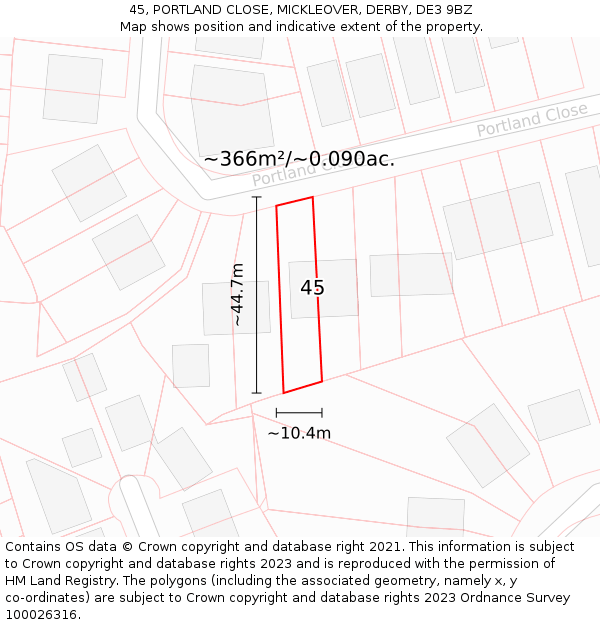 45, PORTLAND CLOSE, MICKLEOVER, DERBY, DE3 9BZ: Plot and title map