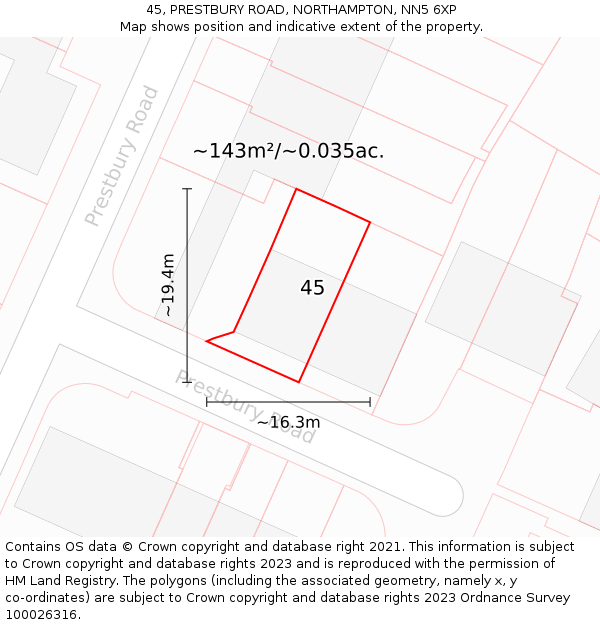 45, PRESTBURY ROAD, NORTHAMPTON, NN5 6XP: Plot and title map