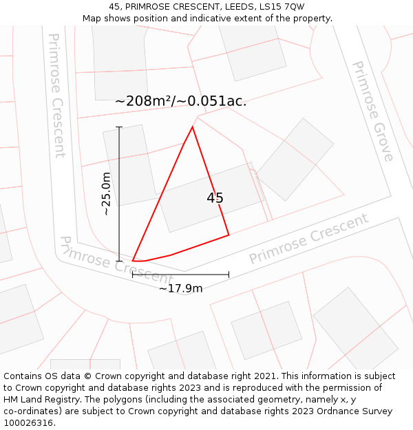 45, PRIMROSE CRESCENT, LEEDS, LS15 7QW: Plot and title map