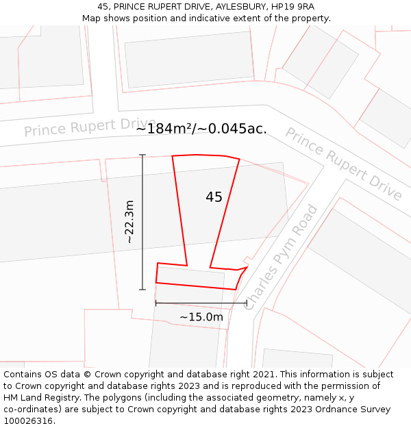 45, PRINCE RUPERT DRIVE, AYLESBURY, HP19 9RA: Plot and title map