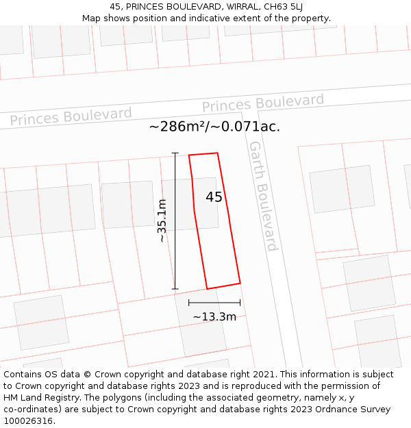 45, PRINCES BOULEVARD, WIRRAL, CH63 5LJ: Plot and title map