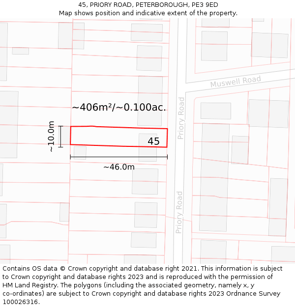 45, PRIORY ROAD, PETERBOROUGH, PE3 9ED: Plot and title map
