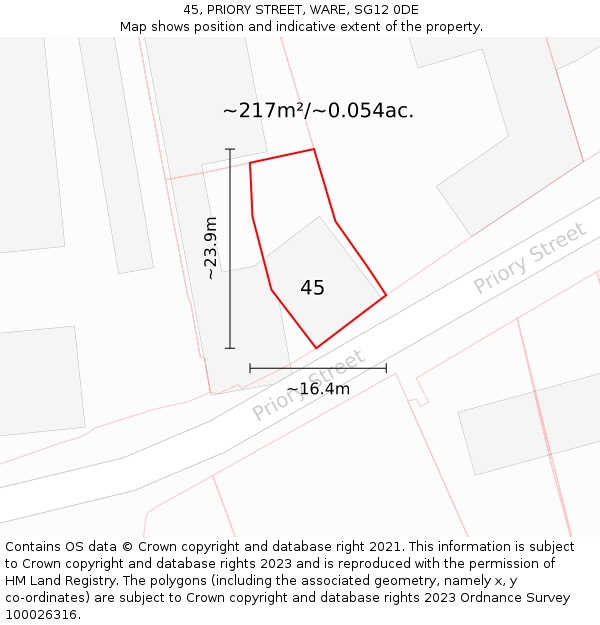45, PRIORY STREET, WARE, SG12 0DE: Plot and title map
