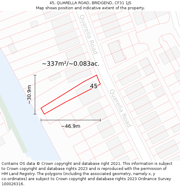 45, QUARELLA ROAD, BRIDGEND, CF31 1JS: Plot and title map