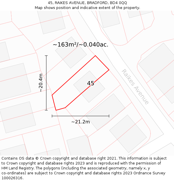 45, RAIKES AVENUE, BRADFORD, BD4 0QQ: Plot and title map