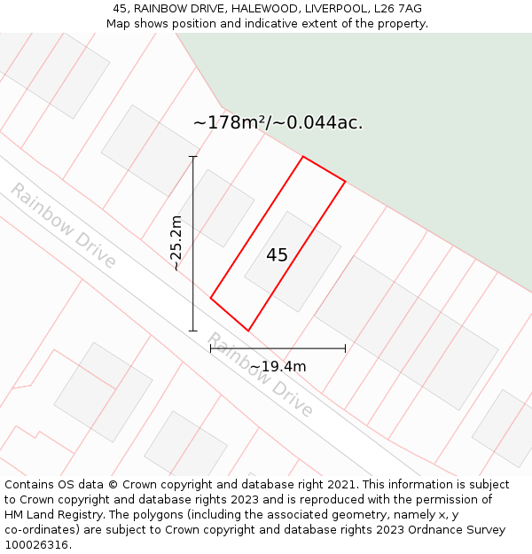 45, RAINBOW DRIVE, HALEWOOD, LIVERPOOL, L26 7AG: Plot and title map
