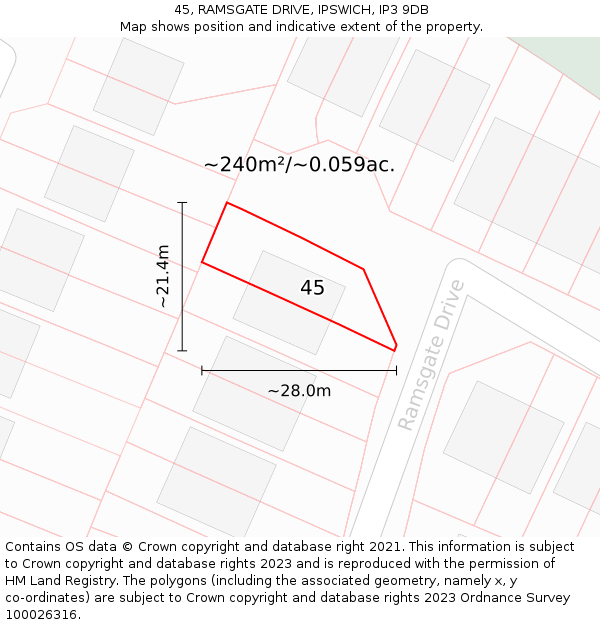 45, RAMSGATE DRIVE, IPSWICH, IP3 9DB: Plot and title map